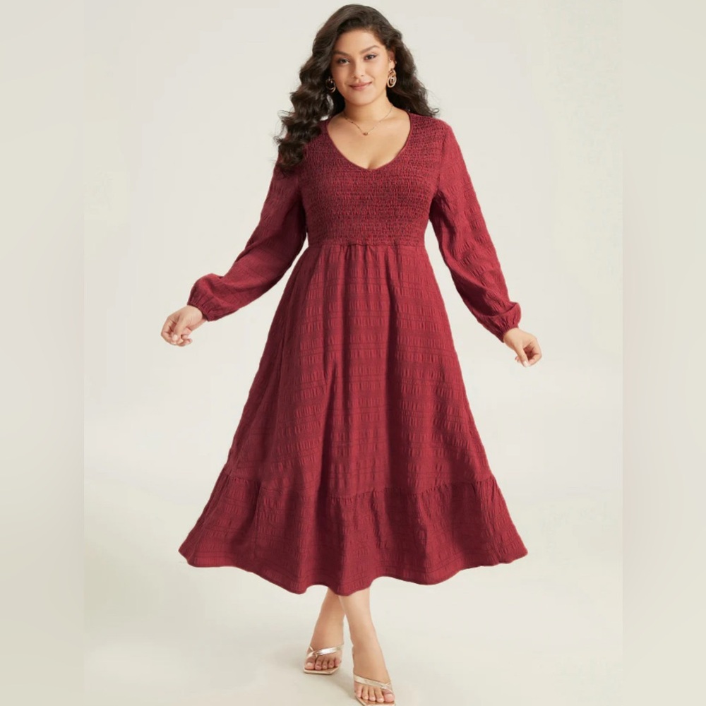 Red Bloomchic Solid Shirred Plisse Flutter Hem Dress US Size 18-20